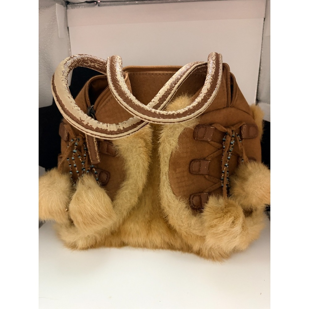 Designer Handbag - Barbara Rihl Brown Suede and Fur Handbag with Pom-Poms